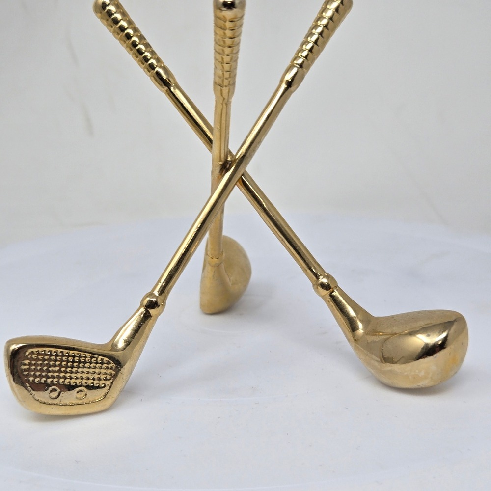 Vintage Brass Crossed Golf Clubs Figurine Desk Decor Gold Tone Taiwan 4.25 Inch